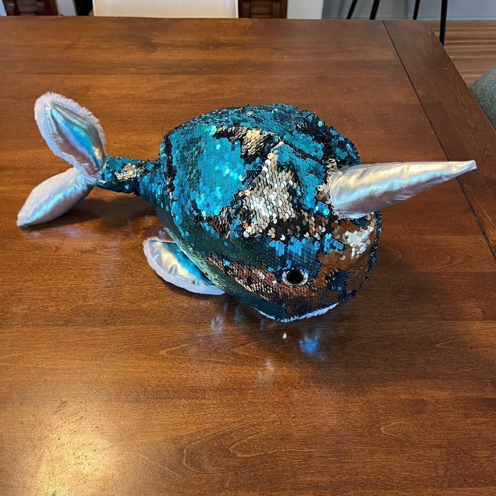 DanDee collectible narwhal reversible sequin toy blue white stuffed animal